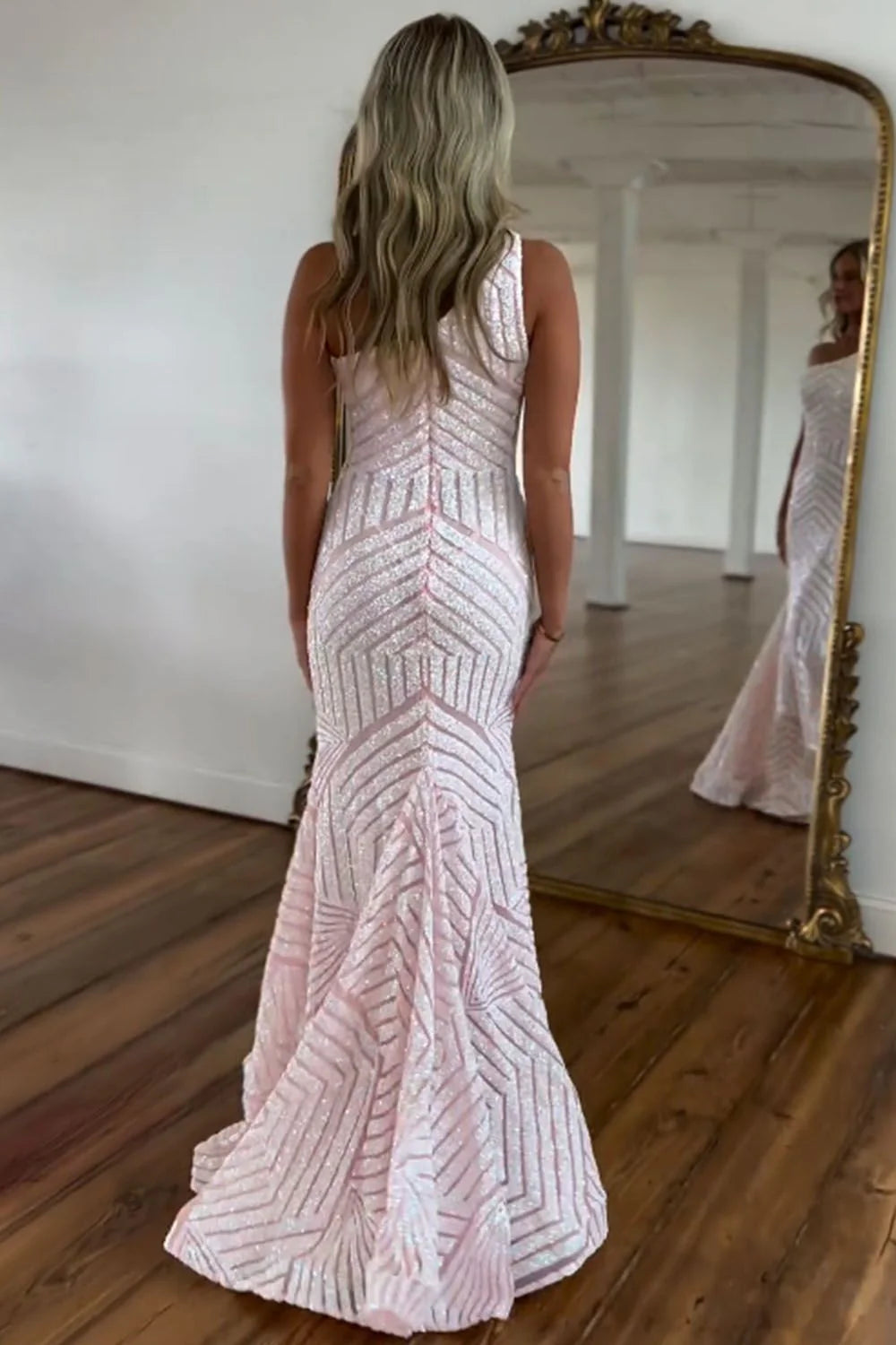 Mermaid Sparkly Sequin One Shoulder Pink Long Corset formal dresses evening dress Prom Dress
